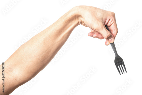 Male hand holding a black plastic fork isolated on white background.