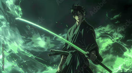 samurai anime character with green background