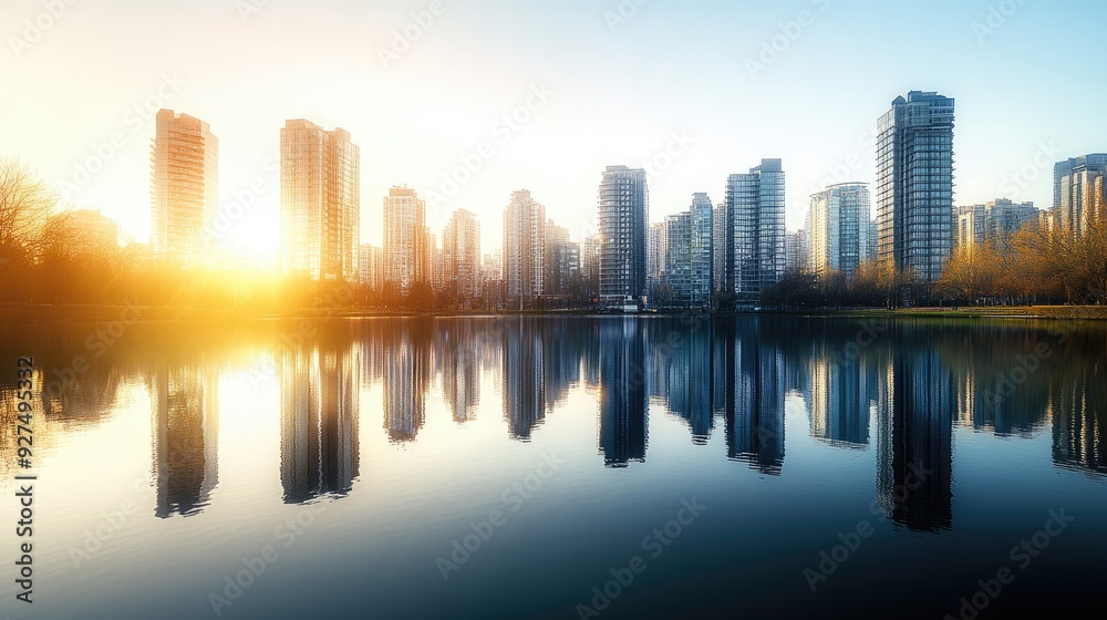 Fototapeta premium A cityscape with high and low buildings arranged along a riverside, their reflections creating a mirror-like effect in the water. The sky above is bright and clear, enhancing the scene