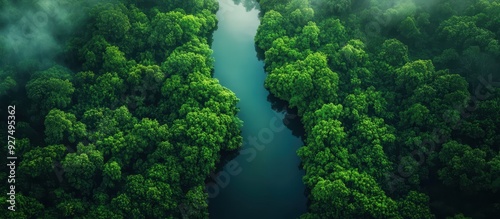Aerial View of Lush Green Forest and Serene River in a Misty Morning Landscape