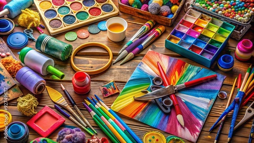 Colorful assortment of art supplies including paints, markers, scissors, and fabric scattered across a wooden table, surrounded by half-finished craft projects and creative messy chaos. photo