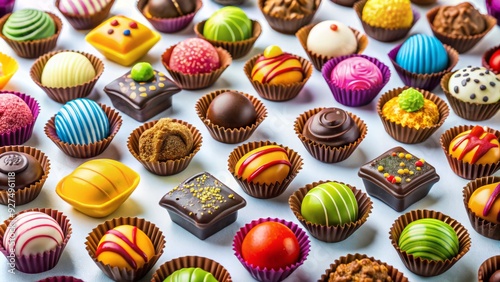 Colorful assortment of bite-sized chocolates with bright wrappers and varied textures, scattered on a white surface, enticingly arranged to showcase sweet treats. photo