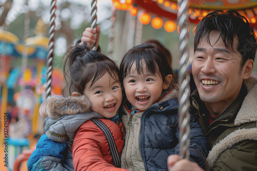 Father and mother take their children to a fun park on Children's Day.