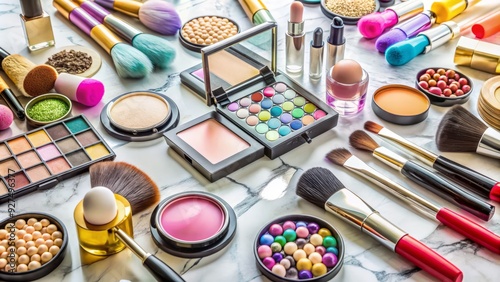 Colorful assortment of various-sized makeup compacts with mirrors, brushes, and powder puffs scattered across a white marble vanity, surrounded by beauty products and accessories. photo