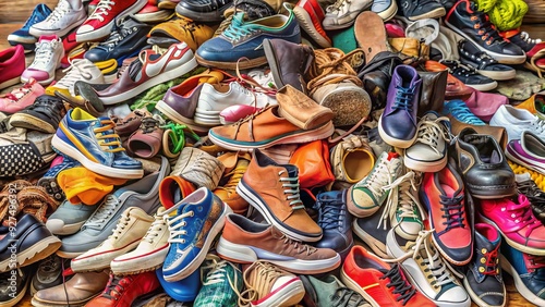 Colorful assortment of worn sneakers, boots, and sandals overflow from a chaotic heap, showcasing a variety of styles and sizes in a messy closet or storage space.