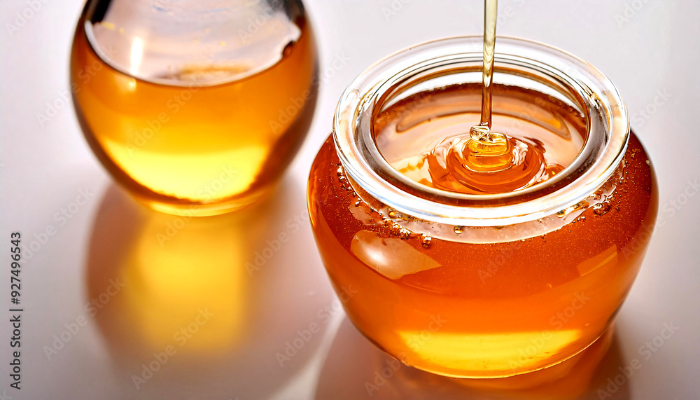 Two jars full of honey are sitting on a table Two jars full of honey are sitting on a table