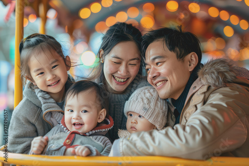 Father and mother take their children to a fun park on Children's Day.