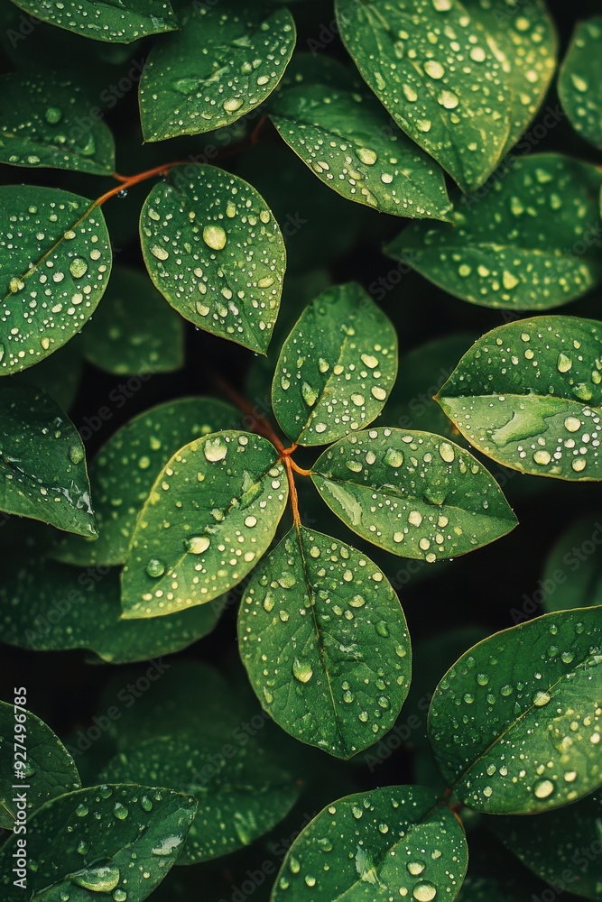 Fototapeta premium Close-up of Fresh Green Leaves with Water Droplets After Rain in a Lush Garden