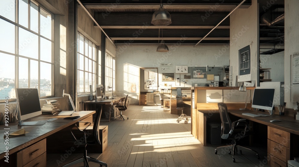 Modern loft-style office space with natural light, computers on desks, and design-related posters on walls, presenting a creative and productive workplace atmosphere. Modern loft-style office space with natural light, computers on desks, and design-related posters on walls, presenting a creative and productive workplace atmosphere.