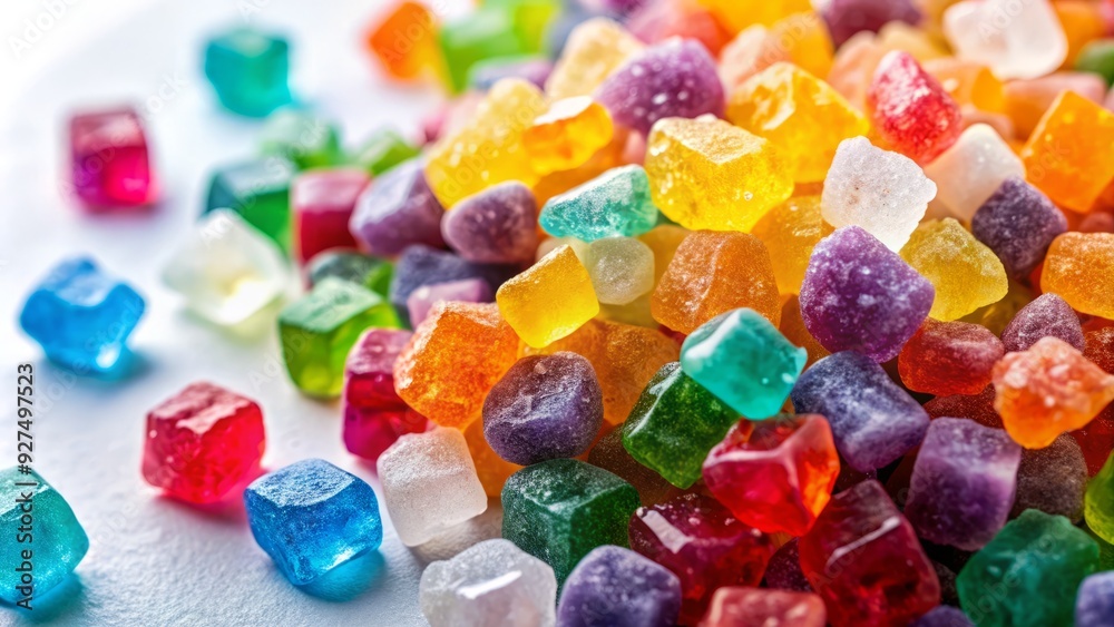 Colorful crystals of fructose and sucrose, also known as simple sugars, scattered on a white background, highlighting their organic structure and sweet culinary significance. Colorful crystals of fructose and sucrose, also known as simple sugars, scattered on a white background, highlighting their organic structure and sweet culinary significance.