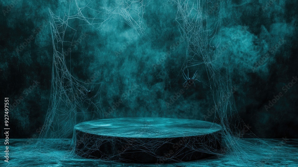 A turquoise backdrop with a round podium covered in spider webs, ready for a Halloween-themed product showcase. A turquoise backdrop with a round podium covered in spider webs, ready for a Halloween-themed product showcase.