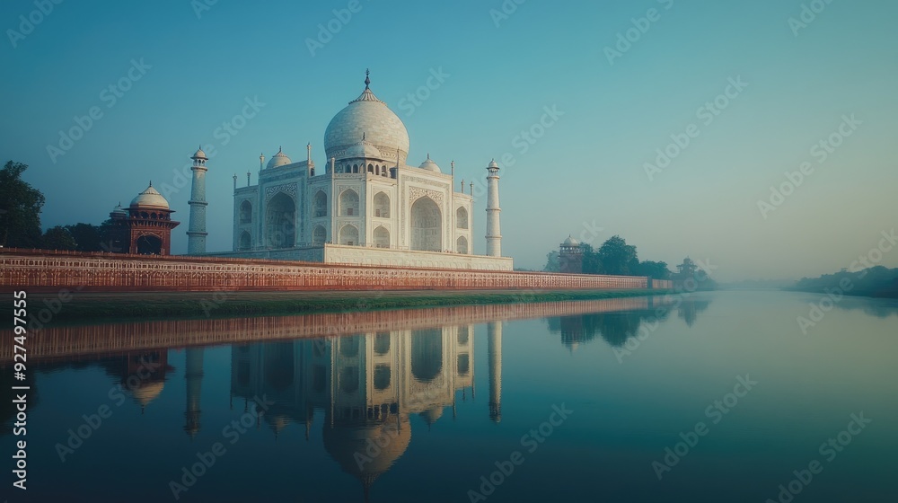Obraz premium A serene view of the Taj Mahal, India, with its reflection shimmering in the river below. The bright daylight enhances the white marble, creating a stunning contrast with the clear sky