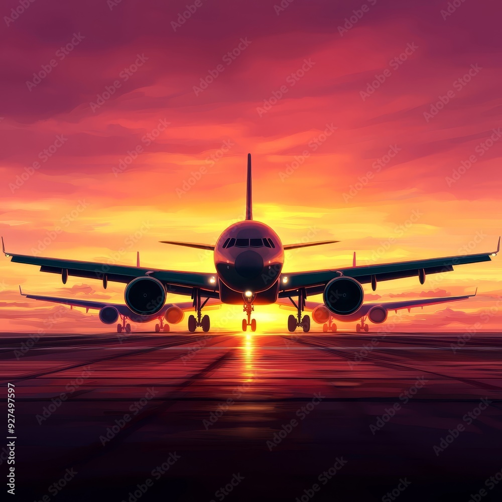 A dramatic sunset scene featuring an airplane ready for takeoff, with vibrant colors lighting up the sky. A dramatic sunset scene featuring an airplane ready for takeoff, with vibrant colors lighting up the sky.