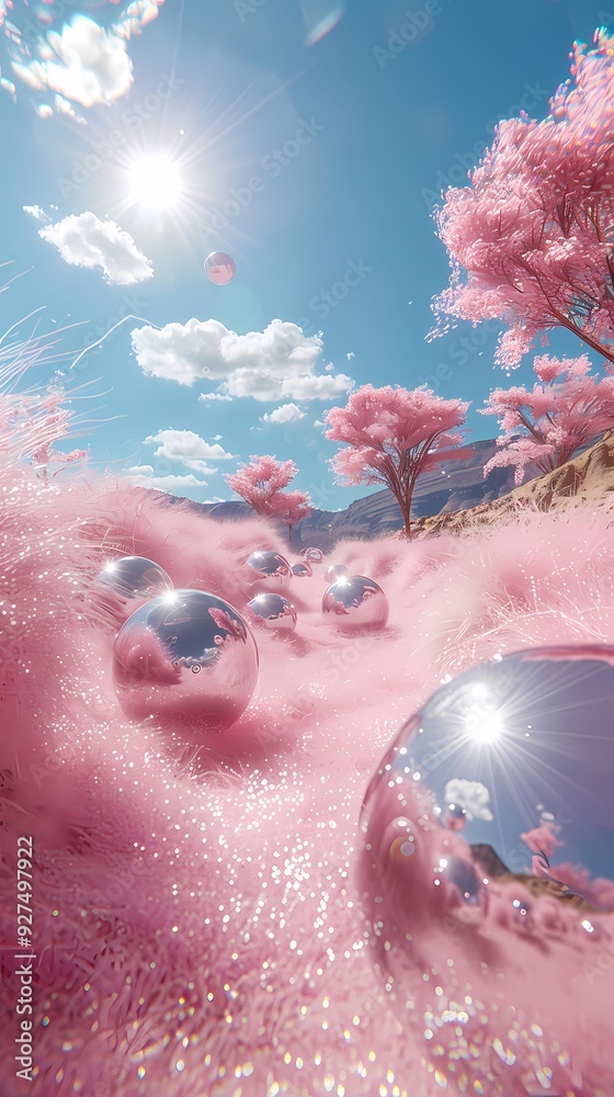Fototapeta premium Digital pink acrylic sphere grass sea poster background