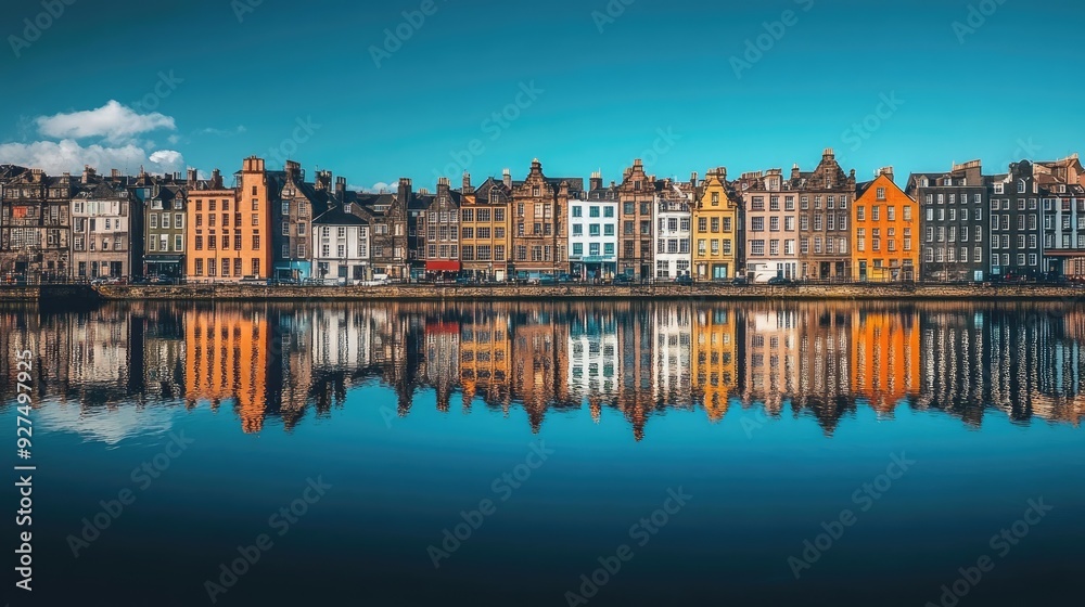 A stunning view of alternating tall and short buildings along a riverside, reflected perfectly in the water. The clear sky above adds depth and brightness to the image. A stunning view of alternating tall and short buildings along a riverside, reflected perfectly in the water. The clear sky above adds depth and brightness to the image.