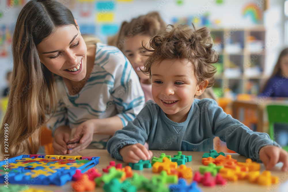 Teacher and toddler playing with maths puzzle game sitting on the table at kindergarten. Teacher and toddler playing with maths puzzle game sitting on the table at kindergarten.