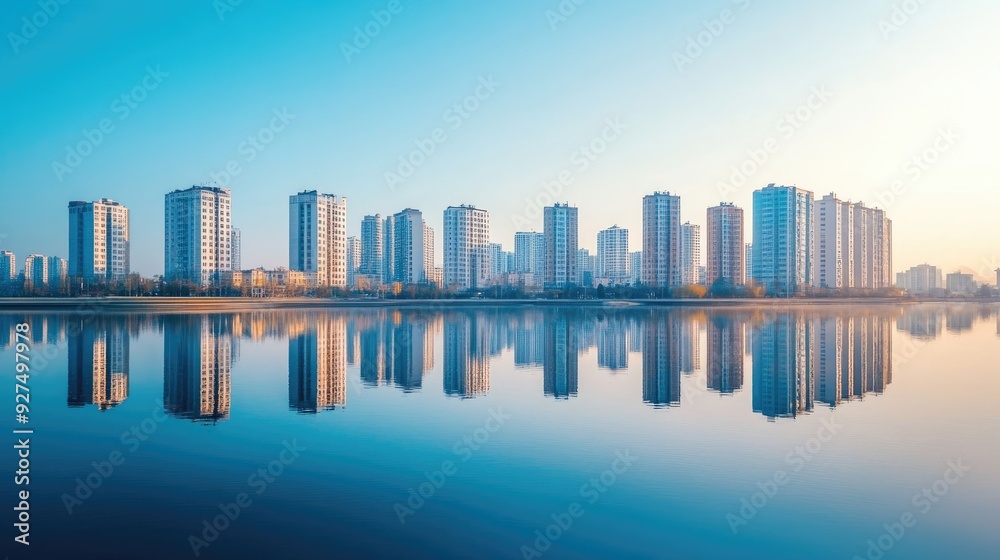 A stunning view of alternating tall and short buildings along a riverside, reflected perfectly in the water. The clear sky above adds depth and brightness to the image. A stunning view of alternating tall and short buildings along a riverside, reflected perfectly in the water. The clear sky above adds depth and brightness to the image.