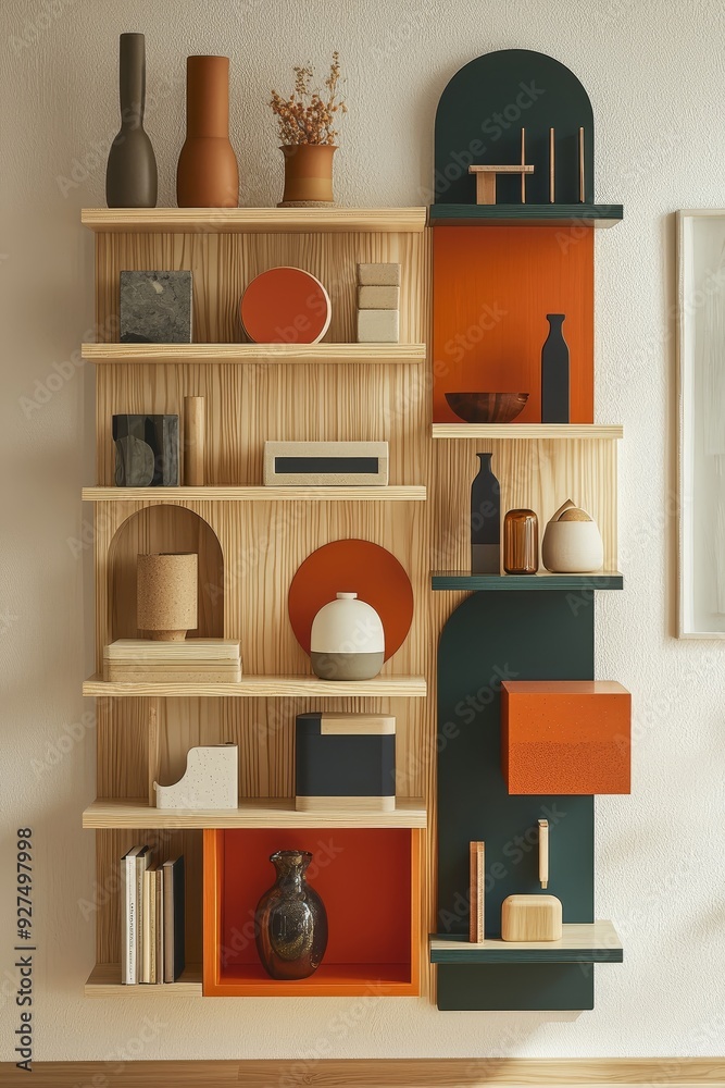 A modern shelf display featuring artistic decor, vases, and geometric shapes in warm colors and natural wood. A modern shelf display featuring artistic decor, vases, and geometric shapes in warm colors and natural wood.