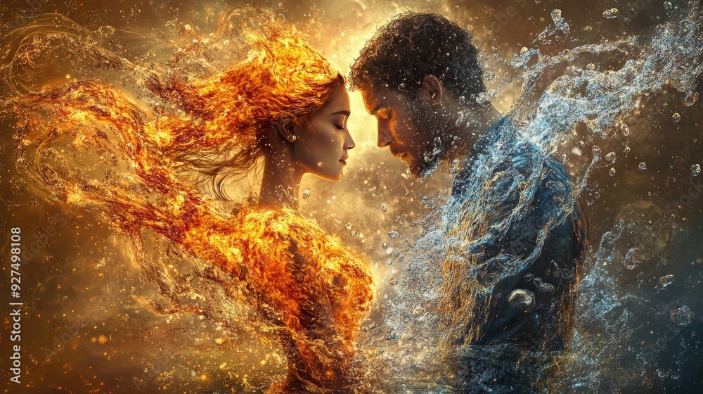 A surreal illustration of a fire-shaped woman intertwining with a water-shaped man, symbolizing the delicate balance between opposites in a harmonious relationship. A surreal illustration of a fire-shaped woman intertwining with a water-shaped man, symbolizing the delicate balance between opposites in a harmonious relationship.