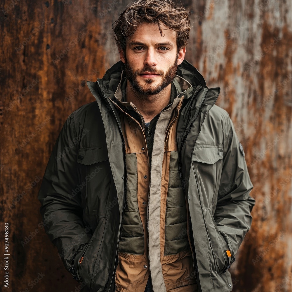 A rugged man in a stylish winter jacket stands confidently against a textured background, exuding warmth and adventure. A rugged man in a stylish winter jacket stands confidently against a textured background, exuding warmth and adventure.