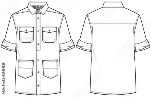 Men's Long sleeve denim shirt flat sketch illustration front and back view, double patch pocket long sleeve shirt for casual wear fashion illustration template mock up