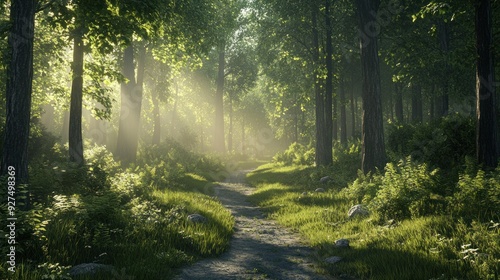 Sunbeams Through the Forest Path