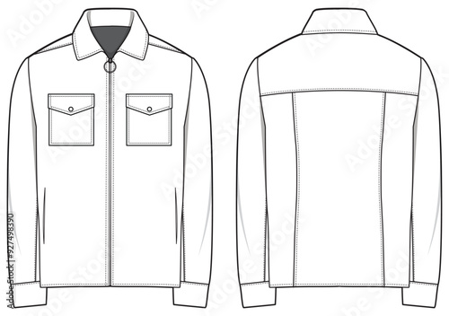 Men's Long sleeve Active shirt flat sketch illustration front and back view, double patch pocket long sleeve Zip up shirt for casual wear fashion illustration template mock up
