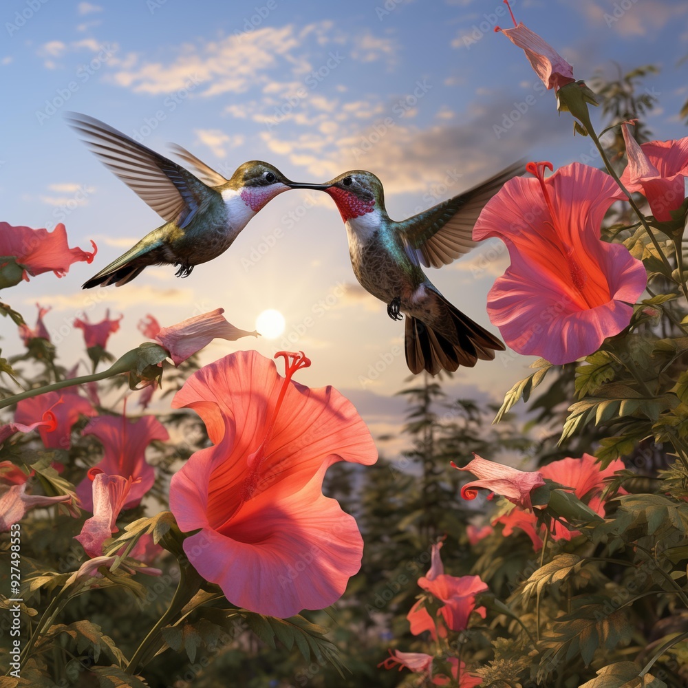 Obraz premium AI generator image of hummingbird It is flying and eating nectar from flowers that grow near the waterfall stream.