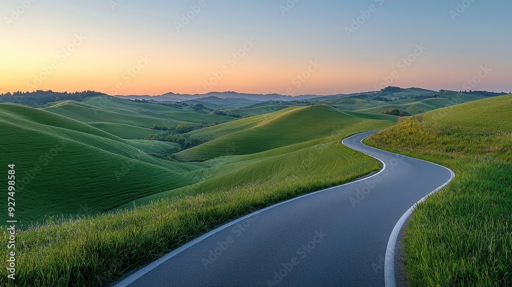 A serene landscape featuring a winding road through lush green hills at sunset, perfect for travel and nature themes. A serene landscape featuring a winding road through lush green hills at sunset, perfect for travel and nature themes.