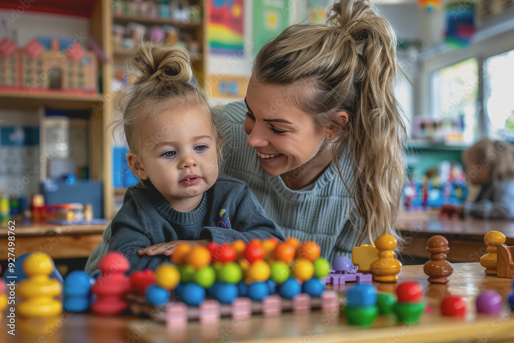 Teacher and toddler playing with maths puzzle game sitting on the table at kindergarten. Teacher and toddler playing with maths puzzle game sitting on the table at kindergarten.
