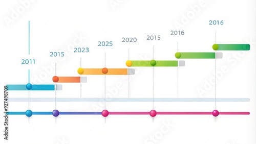 Colorful horizontal bar timeline with notable events and milestones marked on a white background, showcasing progress and growth over a specific period.