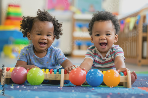 two toddlers playing with balls and a xylophone sitting on the floor at the kindergarten.