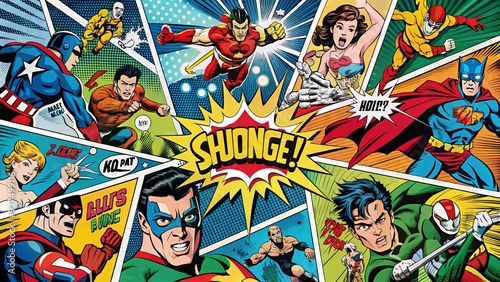 Colorful illustration of a classic comic book strip featuring action-packed scenes, vibrant characters, and dynamic speech bubbles against a bold, graphic background.