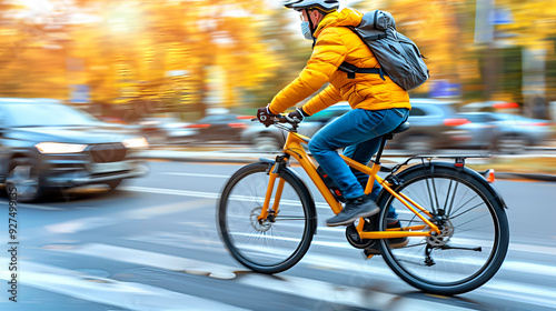 A cyclist on a yellow bike rides through an urban street wearing a helmet and backpack amidst car traffic on a busy day