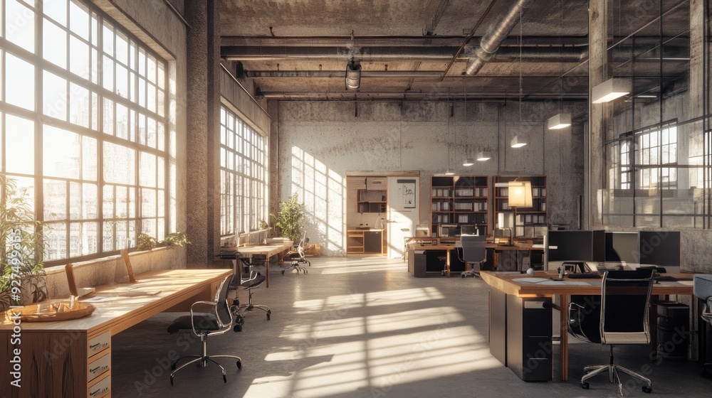 Spacious, sunlit modern office with desks, chairs, computers, shelves, and expansive windows offering an urban view, emanating an atmosphere of creativity and productivity. Spacious, sunlit modern office with desks, chairs, computers, shelves, and expansive windows offering an urban view, emanating an atmosphere of creativity and productivity.