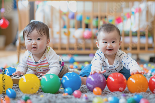 two toddlers playing with balls and a xylophone sitting on the floor at the kindergarten.