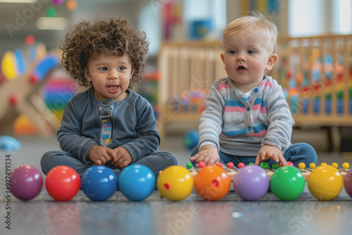 two toddlers playing with balls and a xylophone sitting on the floor at the kindergarten.