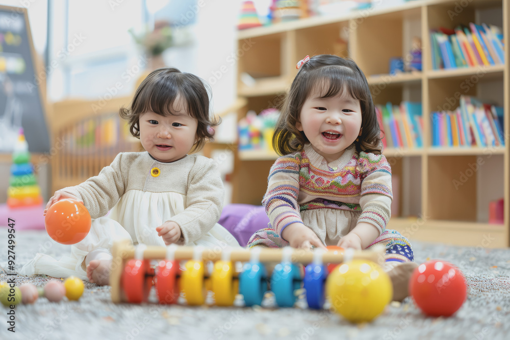 two toddlers playing with balls and a xylophone sitting on the floor at the kindergarten. two toddlers playing with balls and a xylophone sitting on the floor at the kindergarten.