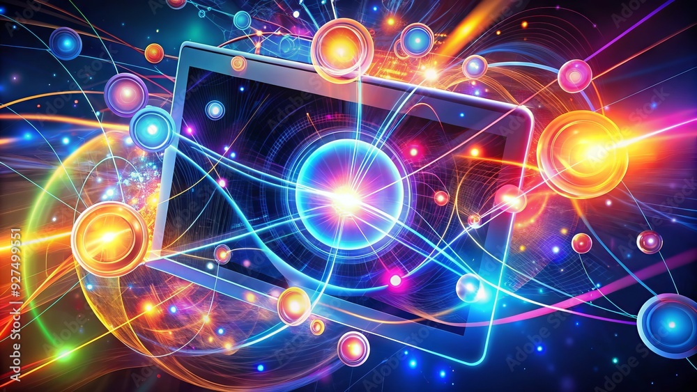 Colorful illustration of a stylized web browser with vibrant glowing lights and abstract shapes, surrounded by swirling lines and circles, depicting digital connection. Colorful illustration of a stylized web browser with vibrant glowing lights and abstract shapes, surrounded by swirling lines and circles, depicting digital connection.