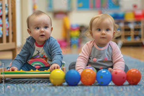 two toddlers playing with balls and a xylophone sitting on the floor at the kindergarten.