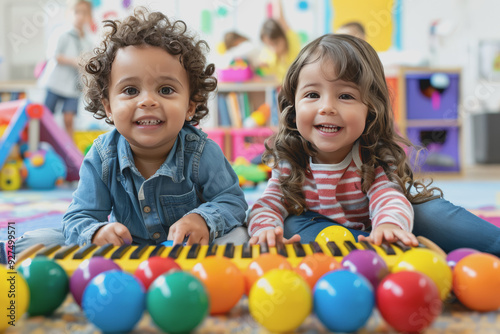 two toddlers playing with balls and a xylophone sitting on the floor at the kindergarten.