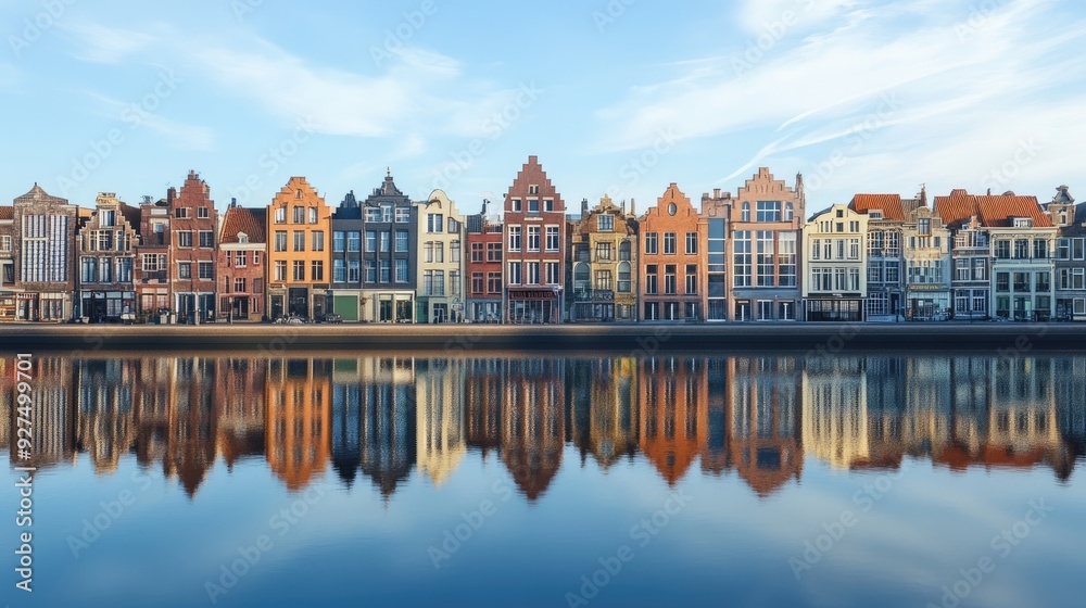 An urban scene with various buildings lining a riverside, their reflections mirrored perfectly in the water. Above, a beautiful, clear sky adds a sense of openness and tranquility. An urban scene with various buildings lining a riverside, their reflections mirrored perfectly in the water. Above, a beautiful, clear sky adds a sense of openness and tranquility.