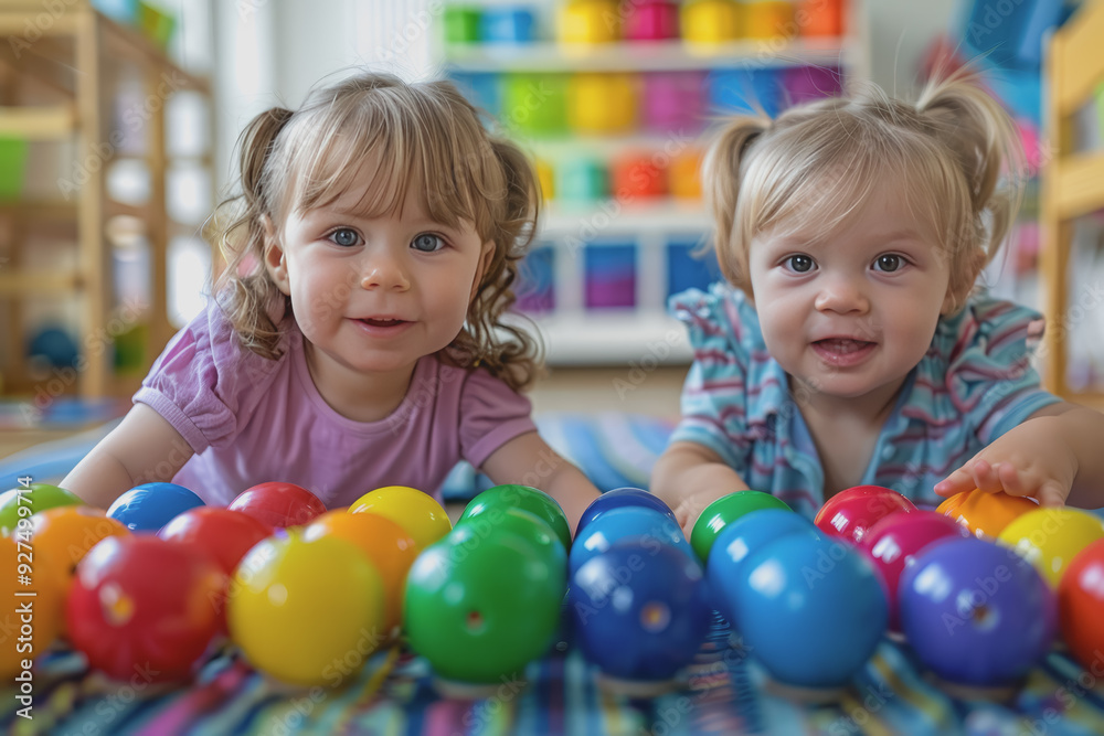 two toddlers playing with balls and a xylophone sitting on the floor at the kindergarten. two toddlers playing with balls and a xylophone sitting on the floor at the kindergarten.