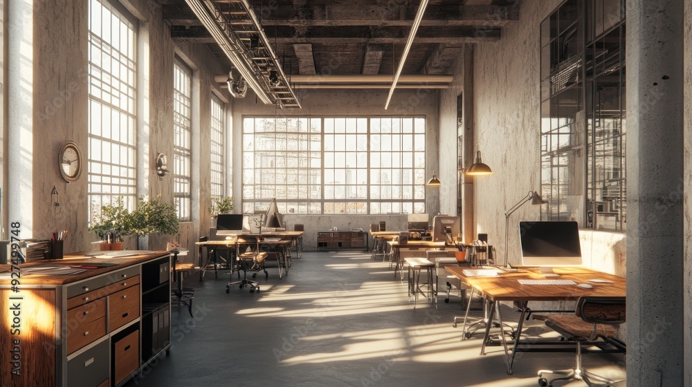 Spacious, sunlit industrial office with wooden desks, computers, and exposed ceiling, offering a modern yet rustic workspace aesthetic with large windows. Spacious, sunlit industrial office with wooden desks, computers, and exposed ceiling, offering a modern yet rustic workspace aesthetic with large windows.