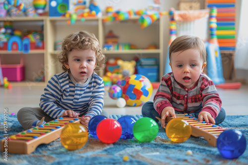 two toddlers playing with balls and a xylophone sitting on the floor at the kindergarten.