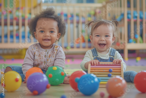 two toddlers playing with balls and a xylophone sitting on the floor at the kindergarten.