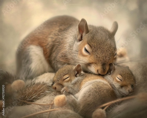 AI generator image of a little squirrel playing in a log, nest in a tree, near a waterfall photo