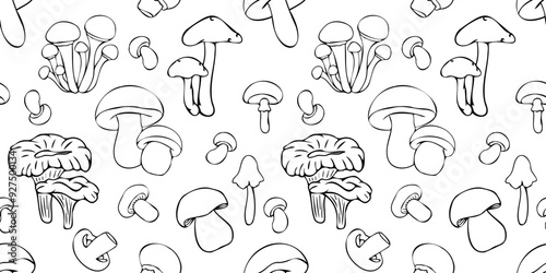 Vector seamless pattern with outlines of mushrooms in doodle style. Line art autumn background. Thanksgiving design. Concept of forest, leaf fall, nature.