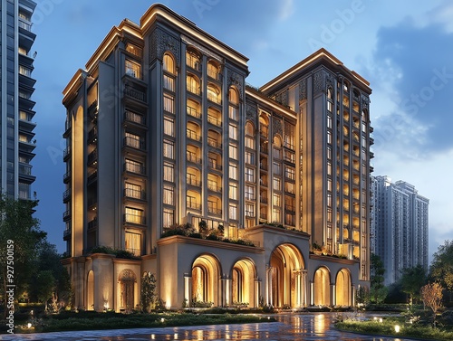 Artistic rendering of a tall residential building with ancient architectural motifs photo