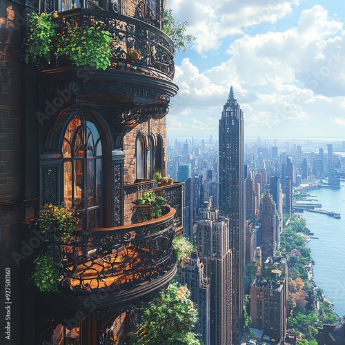 Artistic rendering of an antiquethemed apartment tower, with skyline views framed by wrought iron balconies Antique Apartment Skyline, Wrought iron charm photo